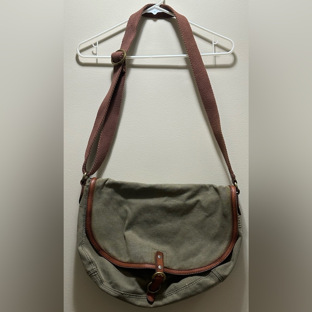Lucky Brand Olive Green Canvas Crossbody with Brown Trim